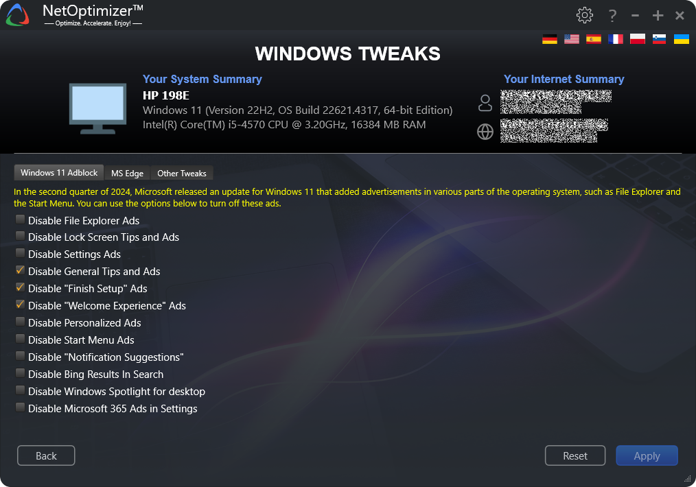 NetOptimizer Windows Tweak